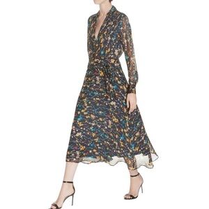 EQUIPMENT Silk Chiffon Vivienne Wrap Effect Floral Midi Dress Black Size 8